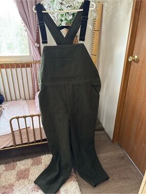 Woolrich Dark Olive Green Wool Bib Overalls with Black Straps